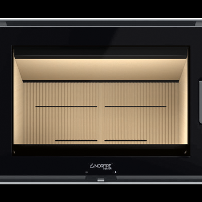 Lareira embutida preta com interior cerâmico bege canelado e visor de vidro