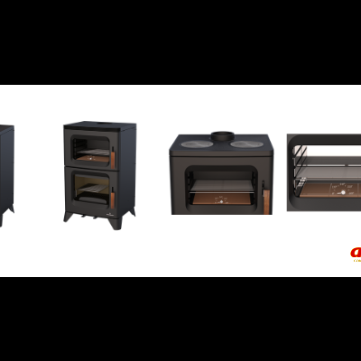 Forno a lenha preto com portas de vidro e manípulos em madeira em várias vistas