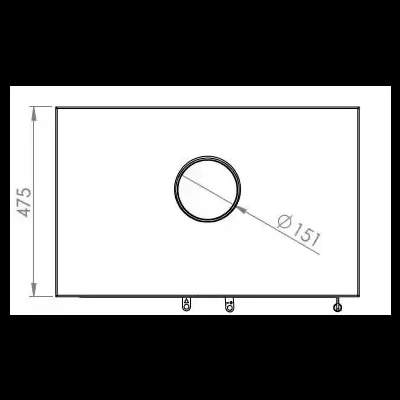 Desenho técnico de placa retangular com círculo central e medidas.