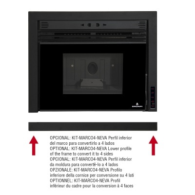 Recinto para lareira embutida preta com porta de vidro e painel digital com texto sobre kit opcional.