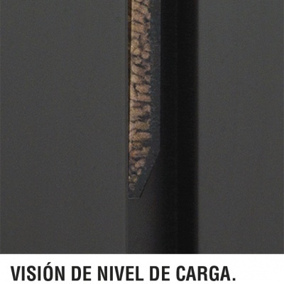 Recipiente preto com janela mostrando nível de carga e texto multilíngue sobre nível de carga