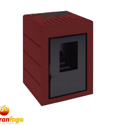 Forno ou salamandra retangular vermelho com porta de vidro preto e logotipo abranfogo