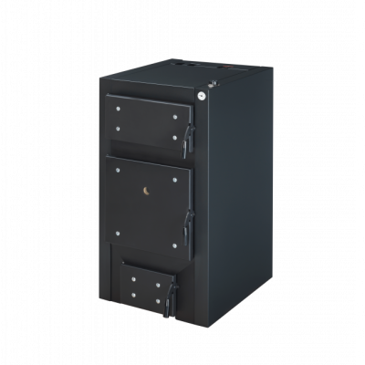 Caldeira preta a lenha com três portas e logótipo abranfogo