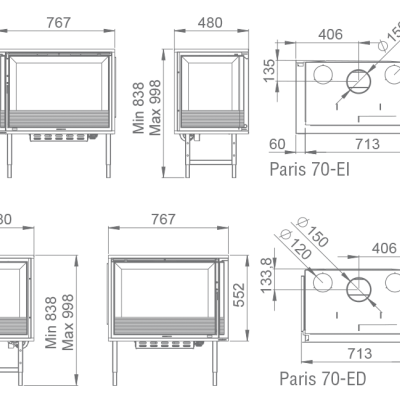 Desenho técnico com dimensões de lareira com etiquetas Paris 70-EI e Paris 70-ED