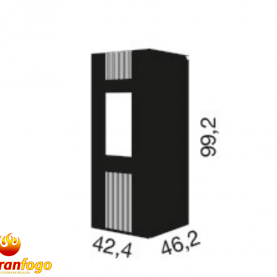 Lareira preta com painéis cinzentos e dimensões indicadas com fundo branco.