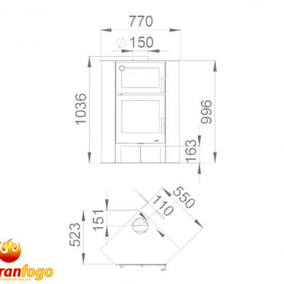 Desenho técnico de fogão com dimensões e logótipo abranfogo.