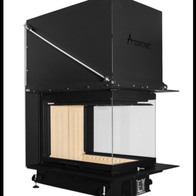 Lareira metálica preta com vidro transparente e interior bege