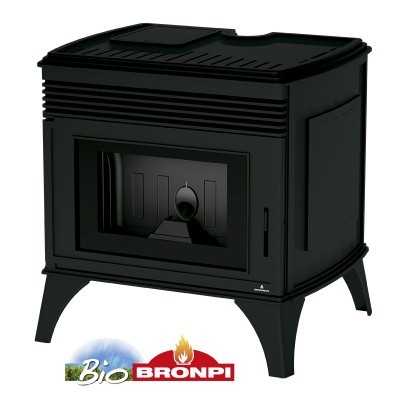 Lareira a pellets preta com porta de vidro frontal e logotipo Bio BRONPI