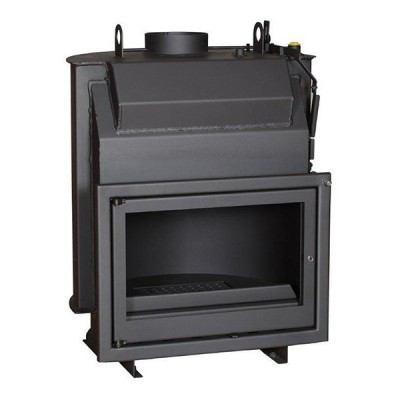 Lareira a lenha embutida em metal preto com porta de vidro