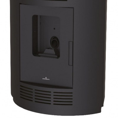 Aquecedor redondo preto com visor de vidro e logos 'Bio' e 'BRONPI'