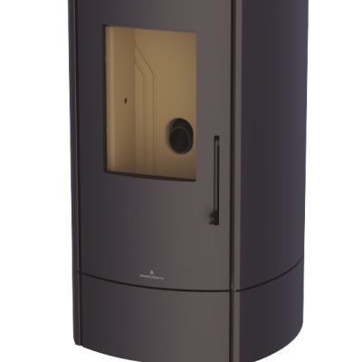 Estufa de pavimento redonda em metal preto com vidro frontal e logotipo BIO BRONPI