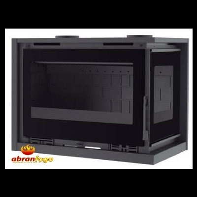 Recuperador de calor em metal cinza e preto com porta e janela em vidro