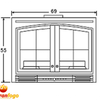 Desenho técnico de porta dupla com grelha e dimensões 69x55 cm, logotipo abranfogo