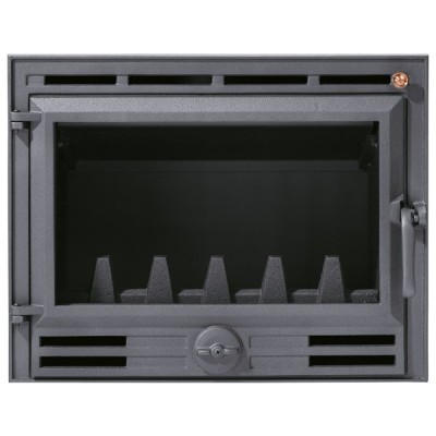 Porta metálica cinza para lareira com vidro frontal e alça lateral