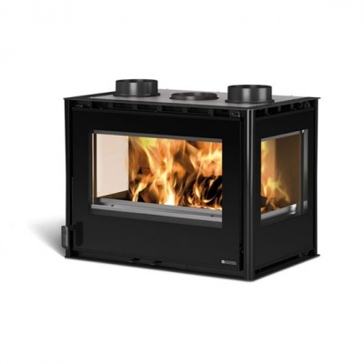 Lareira a lenha metálica preta com vidro e chamas visíveis