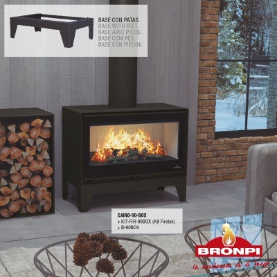 Lareira a lenha preta com vidro frontal em sala com madeira e neve fora