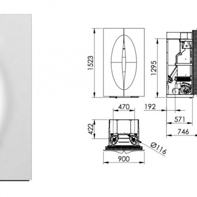Lareira embutida branca com chama central e plantas técnicas