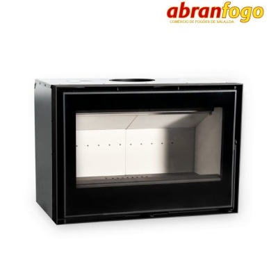 Recuperador de calor metálico preto com interior cerâmico branco e vidro frontal, apresentado com logótipo abranfogo