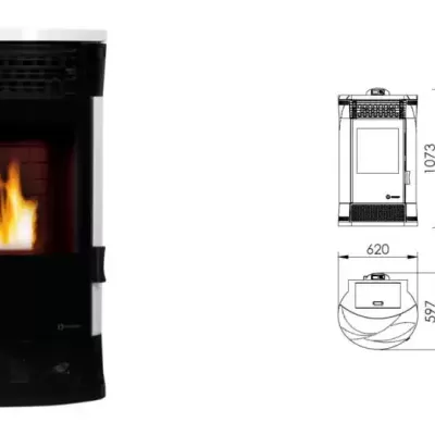 Fogão a pellets branco e preto com chama visível e desenhos técnicos