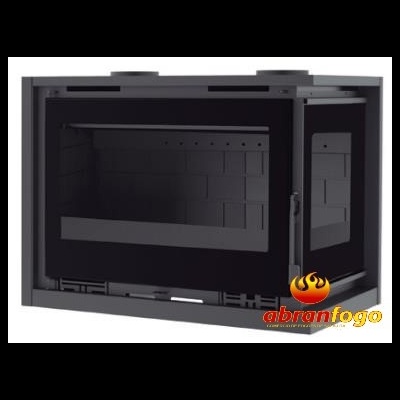 Insert de lareira cinzento com portas de vidro e interior com padrão de tijolos