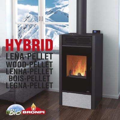 Estufa híbrida Bio Bronpi de lenha e pellets, fogo visível, interior com janela para montanhas nevadas.