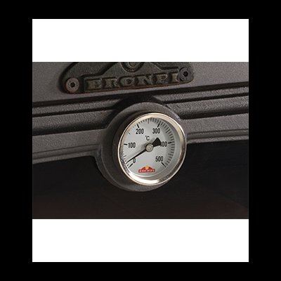 termómetro analógico montado em superfície metálica preta com texto ERONPRO