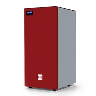 Frigorífico vermelho e cinza com etiquetas RED e azul escura