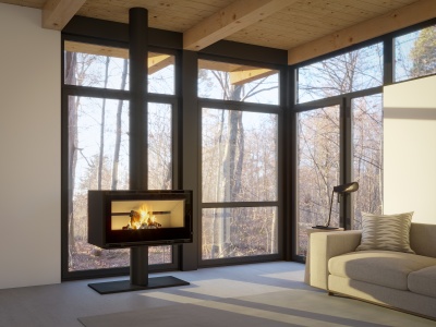 Lareira moderna em sala com grandes janelas e sofá bege