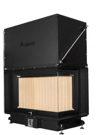 Lareira a lenha preta com vidro frontal e laterais