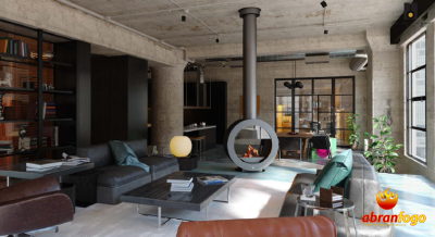 Sala de estar moderna com lareira suspensa e sofás cinzentos