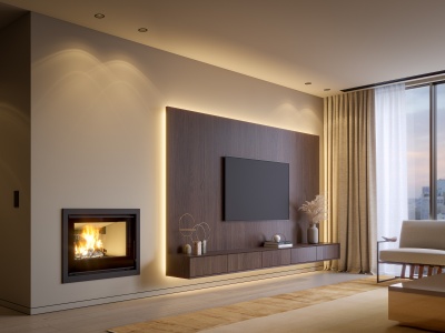 Sala de estar moderna com lareira, painel de madeira e TV
