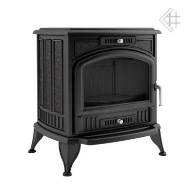 Fogão a lenha de metal preto com porta em vidro e detalhes decorativos