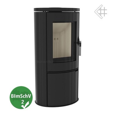 Fogão a lenha preto cilíndrico com porta de vidro e selo BImSchV 2