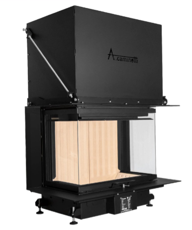 Lareira metálica preta com vidro transparente e revestimento claro