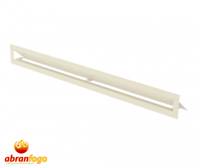 Grelha de ventilação retangular em metal bege sobre fundo branco com logo abranfogo