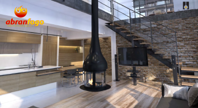 Cozinha moderna com lareira suspensa preta, armários de madeira clara, bancada branca, chão de madeira e escada metálica preta em ambiente interior