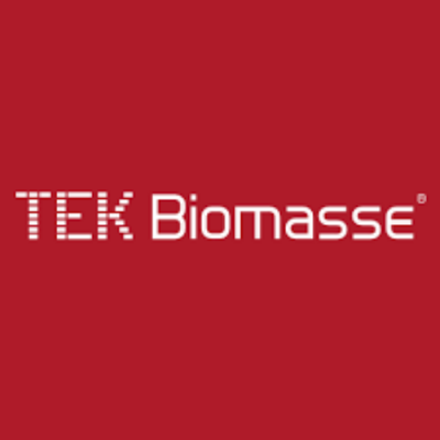 Logótipo com texto TEK Biomasse® em fundo vermelho