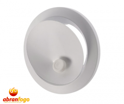 Dispositivo redondo branco em plástico com peça central rosqueada e logótipo abranfogo no fundo