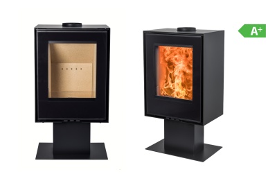 duas lareiras pretas com vidro frontal, uma com interior vazio e outra com fogo visível, etiqueta verde A+