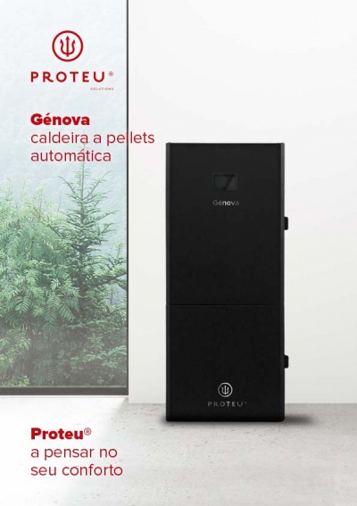 Caldeira preta automática a pellets 'Génova' da Proteu junto a janela com arbusto verde