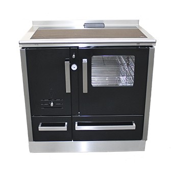 Fogão lacado preto com forno de vidro e puxadores metálicos