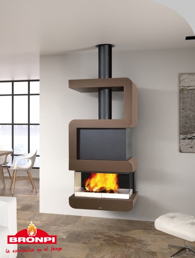 Lareira BRONPI suspensa com fogo visível e design moderno castanho e preto