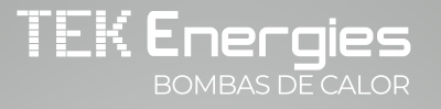 Texto em branco TEK Energies e BOMBAS DE CALOR em fundo cinzento