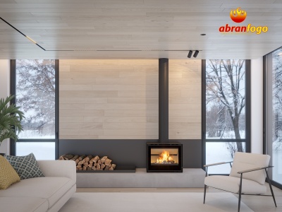 Sala de estar com lareira embutida e decoração moderna