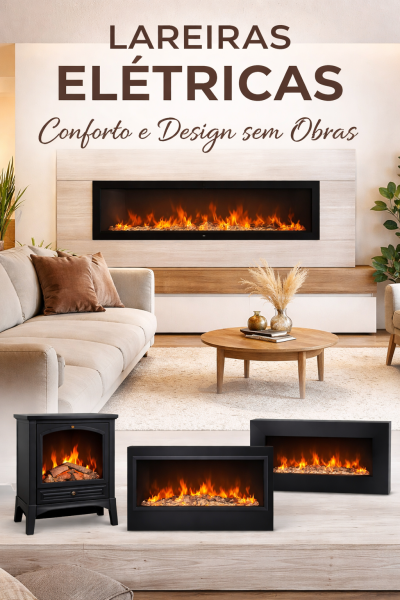 Lareiras elétricas pretas com efeito de chama em sala de estar moderna