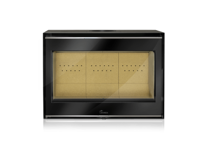 Lareira metálica preta com vidro frontal e interior bege perfurado