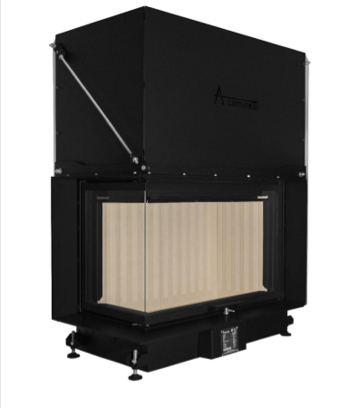 Lareira fechada preta com vidro e interior de tijolos refratários