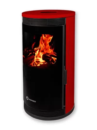 Lareira redonda vermelha com porta de vidro preta e chama visível