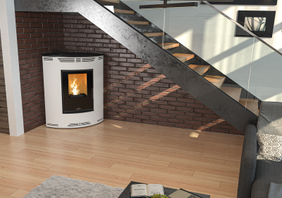 Lareira moderna branca com porta de vidro preta e fogo num canto com parede de tijolos e escada acima