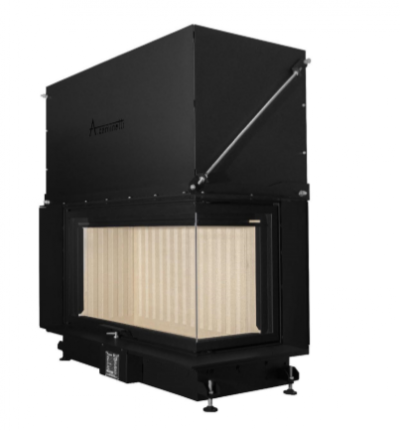 Lareira fechada preta com vidro frontal e lateral e interior claro